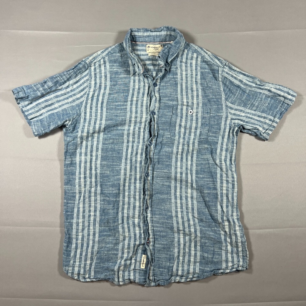 Weatherproof Vintage Shirt Mens M Blue White Striped Washable Linen Button Down
